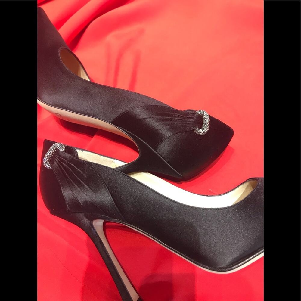 Jimmy Choo black satin pump with crystal buckle